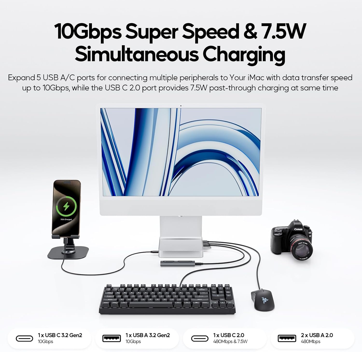 PULWTOP 11-in-1 USB-C Hub Docking Station for iMac 24-inch (M1/M3/M4) with M.2 SSD Support – Silver