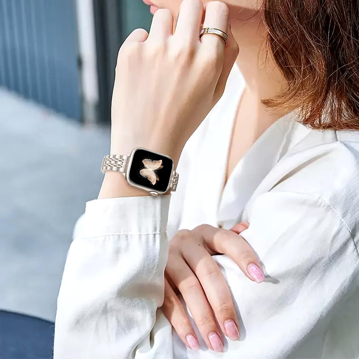 Ocaer Compatible with Apple Watch Strap 42mm 41mm 40mm 38mm, Slim Stainless Steel Metal Band for Apple Watch Series 10 9 8 7 6 5 4 3 2 1 SE, Elegant Apple Watch Bracelet for Women (Starlight)