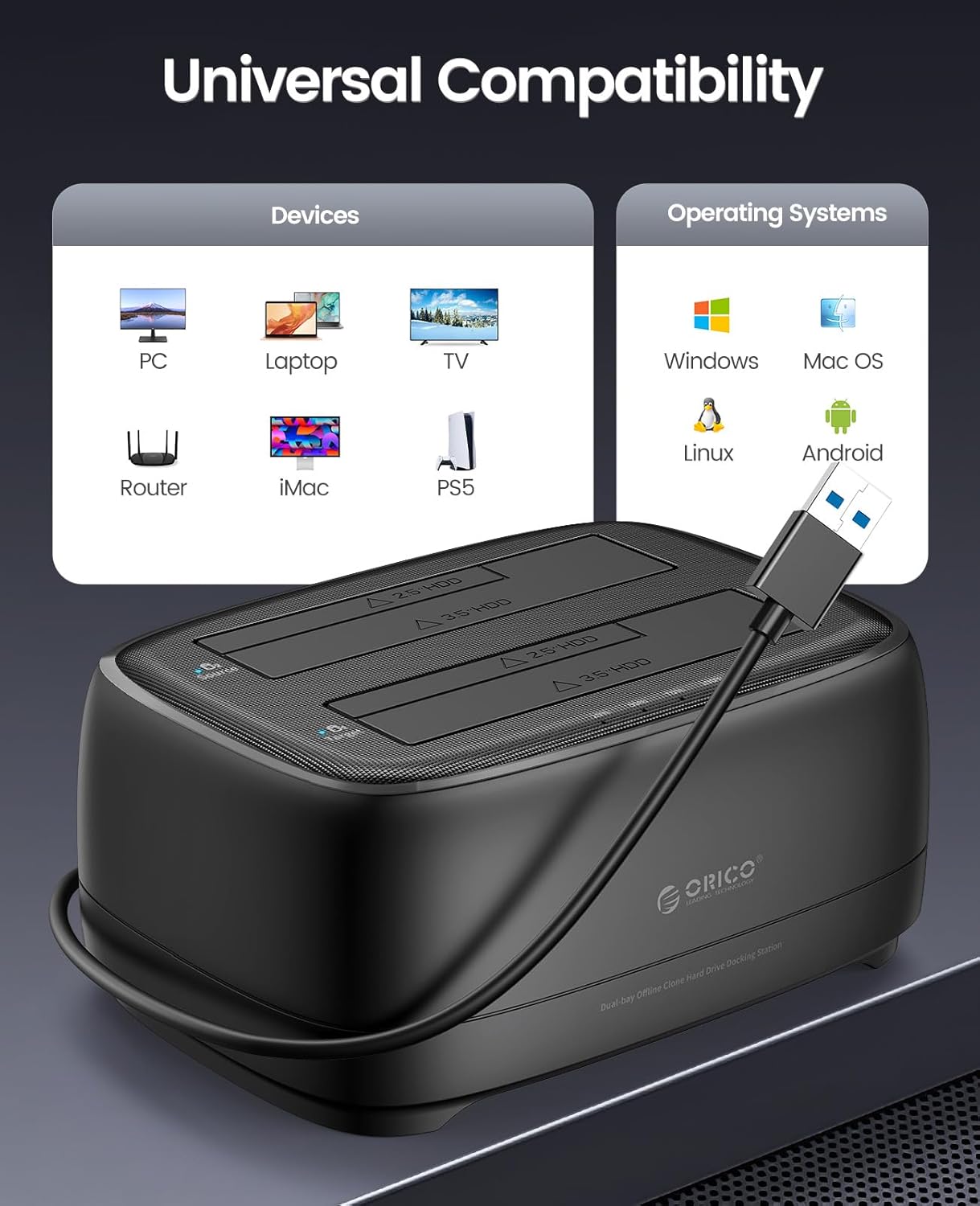 ORICO Dual Bay External Hard Drive Docking Station with Offline Clone (DD28U3-C)