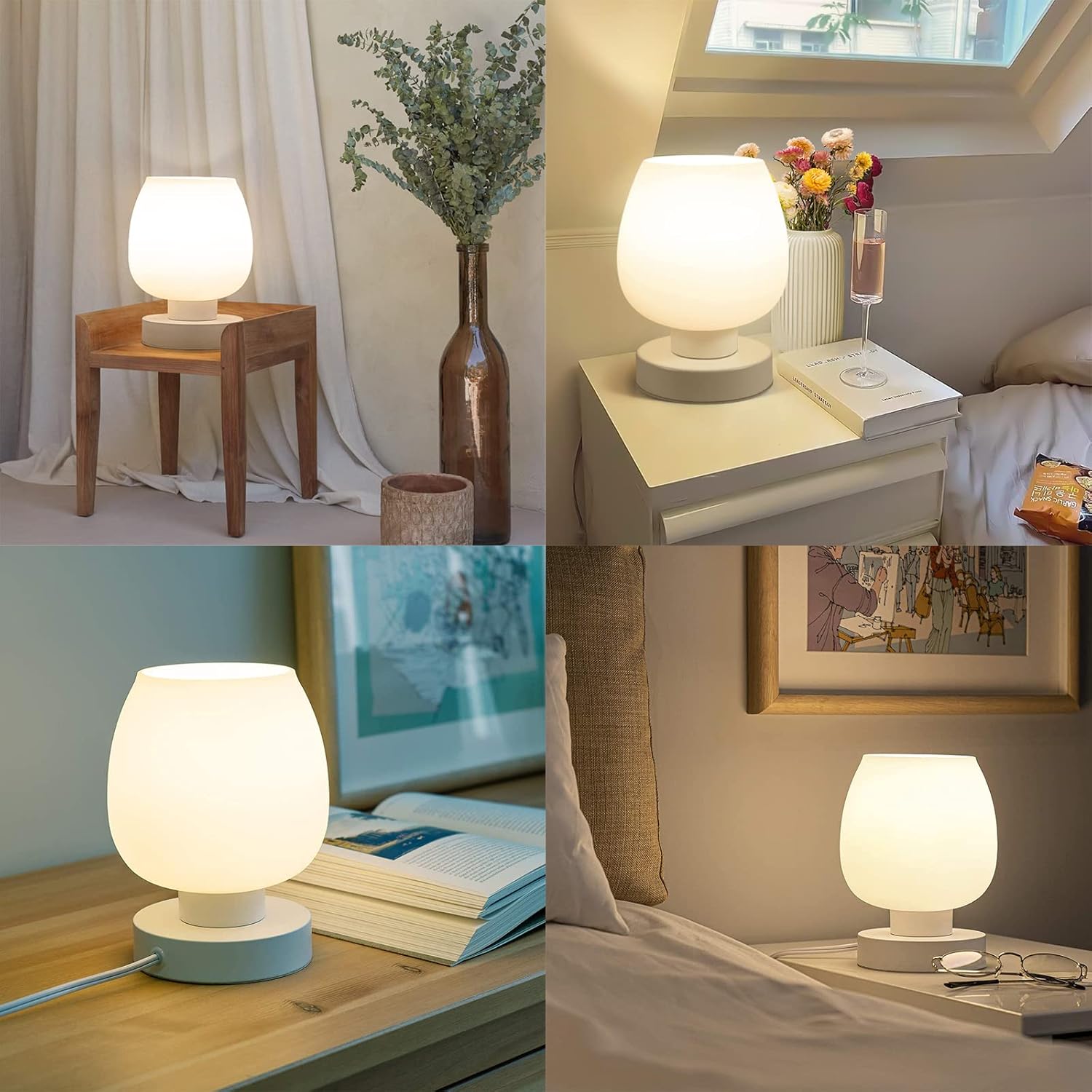 Touch Bedside Table Lamp, 3 Way Dimmable Bedside Lamp with White Opal Glass Lamp Shade, Touch Table Lamp for Bedroom Nightstand, Living Room, Dorm, Home Office