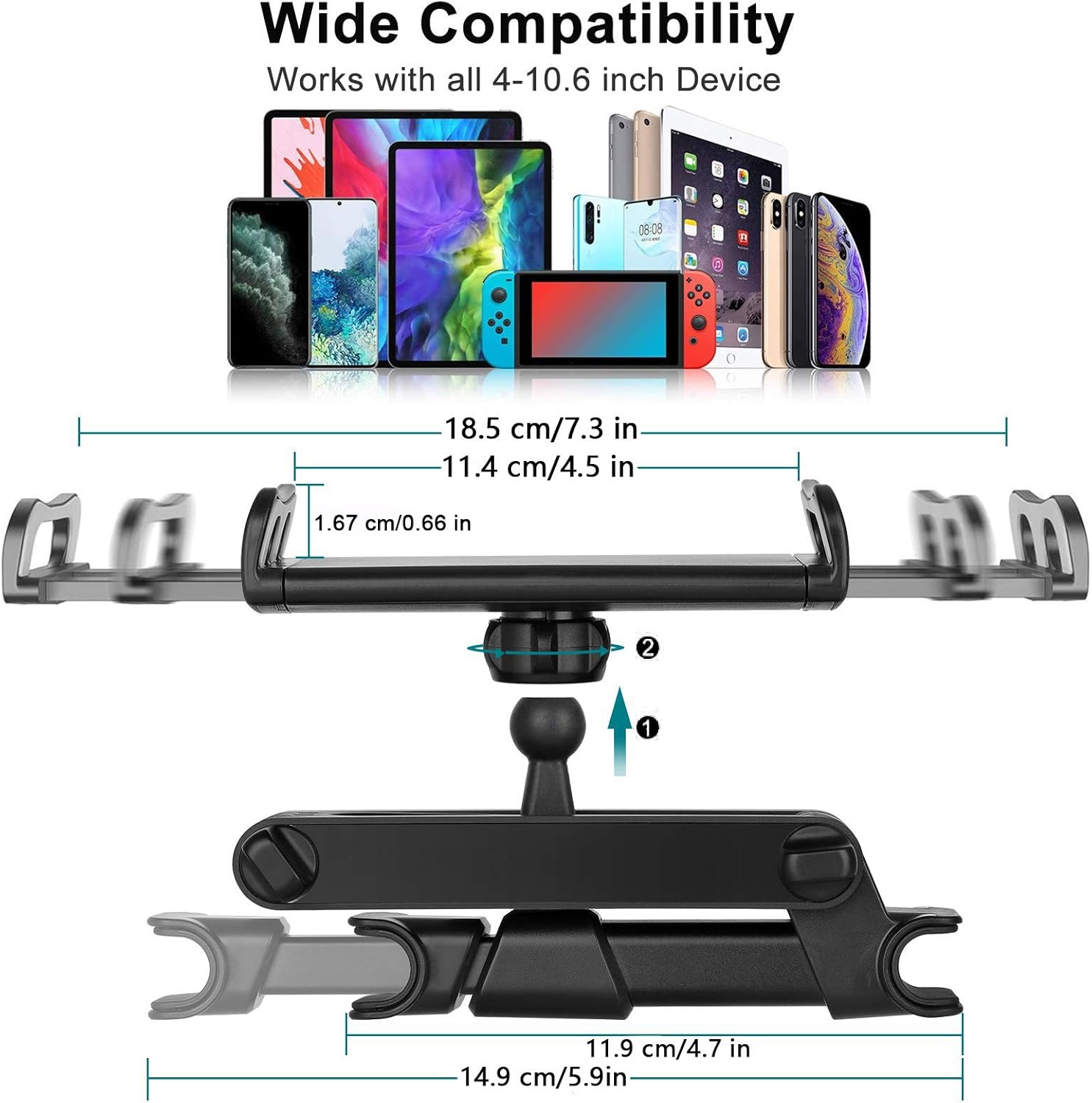 Car Headrest Tablet Mount, Stretchable Ipad Headrest Holder for Car Backseat Universal 360° Rotating Adjustable, Compatible with Phone/Tablet/iPad Mini/Samsung 4"-10.6", Headrest Posts Width 4.7-5.9in