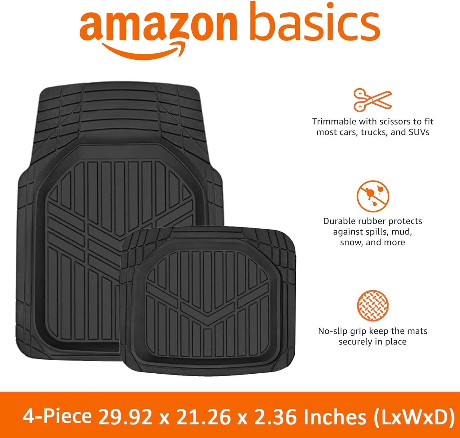 Amazon Basics 4-Piece All-Weather Protection Heavy Duty Rubber Floor Mats Set with Cargo Liner for Cars, SUVs, and Trucks，Black,Universal Trim to Fit
