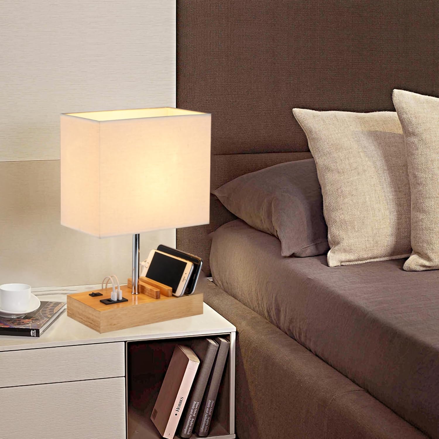 Dreamholder Table Lamp with 3 USB A+C Ports, 3 Phone Stands, Modern USB Bedside Lamp for Bedroom, Livingroom, Office, Nightstand Lamp with Wooden Base & Fabric Shade