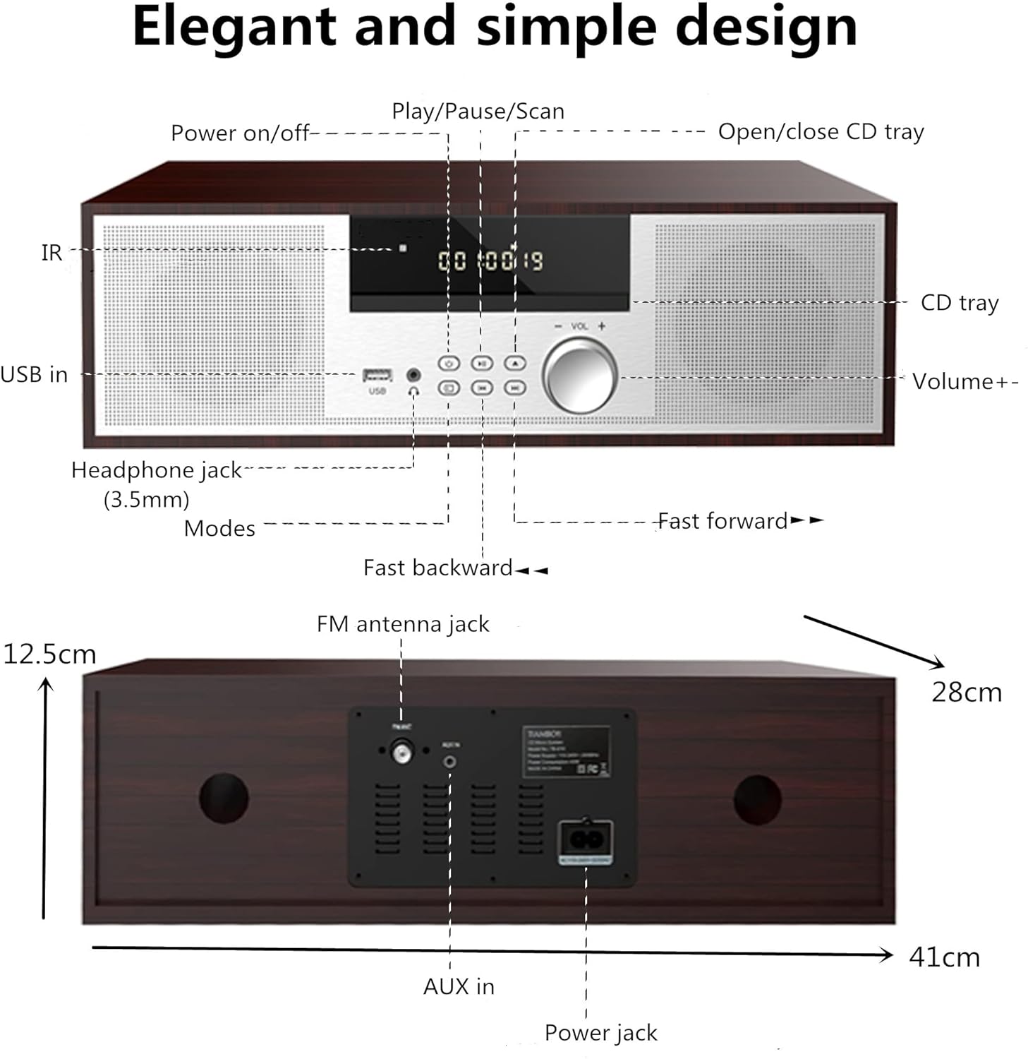 Vintage Micro HiFi System CD Player – 40W Stereo Mini Component with FM, Bluetooth, USB, AUX & Remote (Silver/Wood)