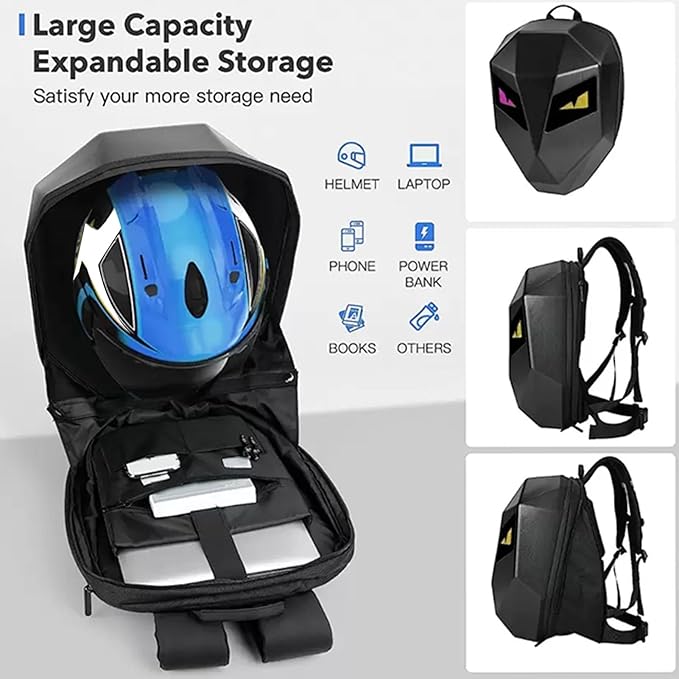 LED Motorcycle Backpack Colorful Design - 4D Hard Shell Motorbike Backpack with Programmable Full Color Screen, Waterproof Riding Helmet Bag for Outdoor