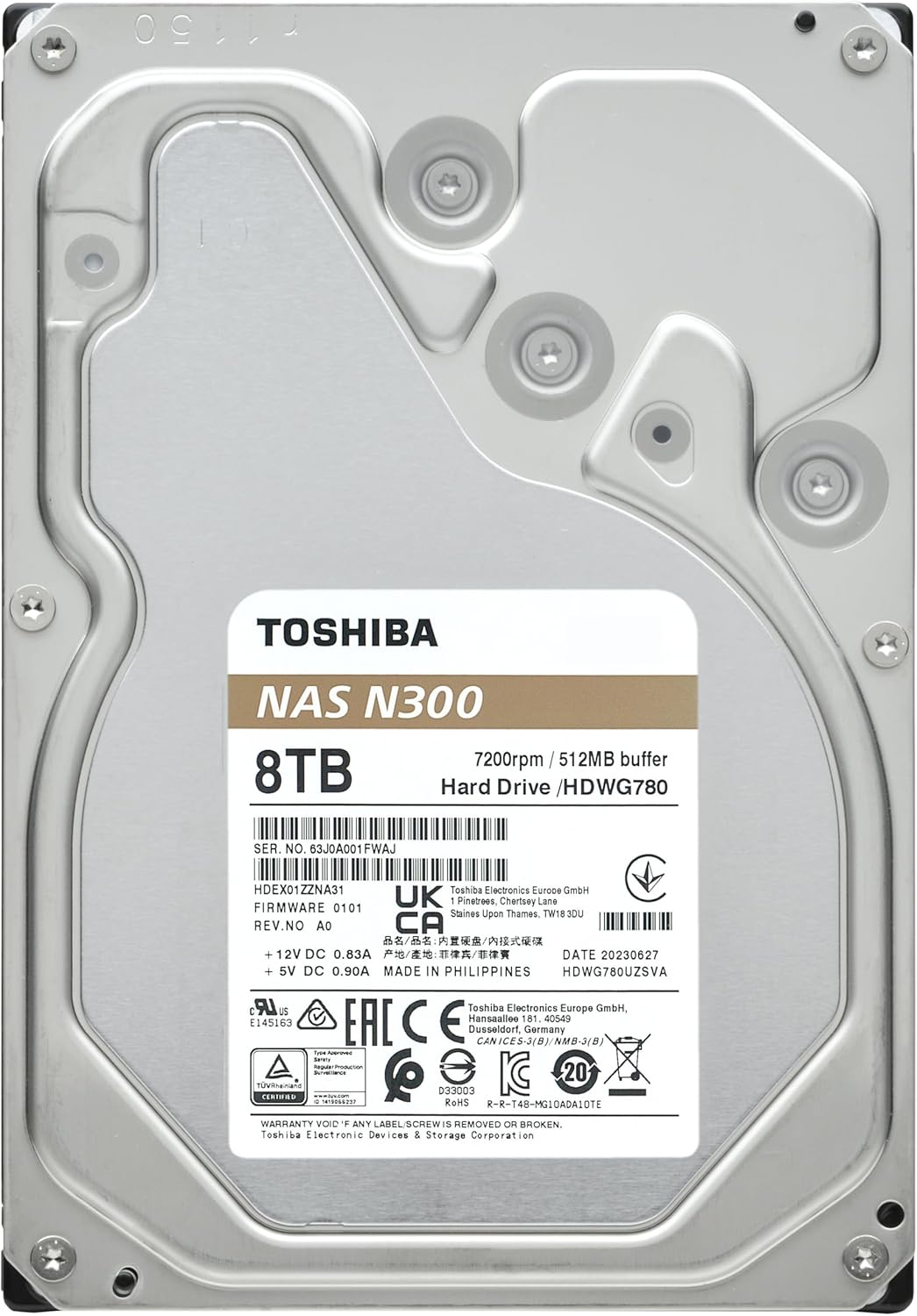 Toshiba N300 8TB NAS 3.5-Inch Internal Hard Drive – CMR SATA 6Gb/s, 7200 RPM, 512MB Cache (HDWG780XZSTA)