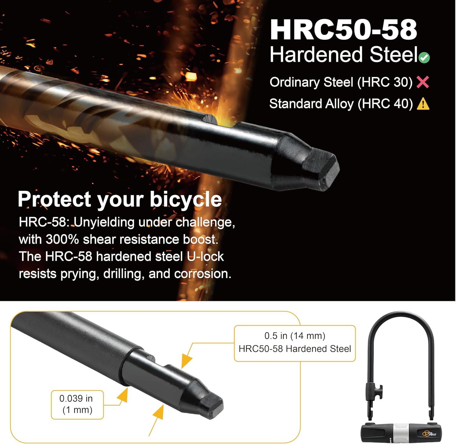 Bike U Lock with Cable - Via Velo Heavy Duty Bicycle U-Lock,14mm Shackle and 10mm x1.8m Cable with Mounting Bracket for Road Bike Mountain Bike Electric Bike Folding Bike, Great Bike Safety Tool