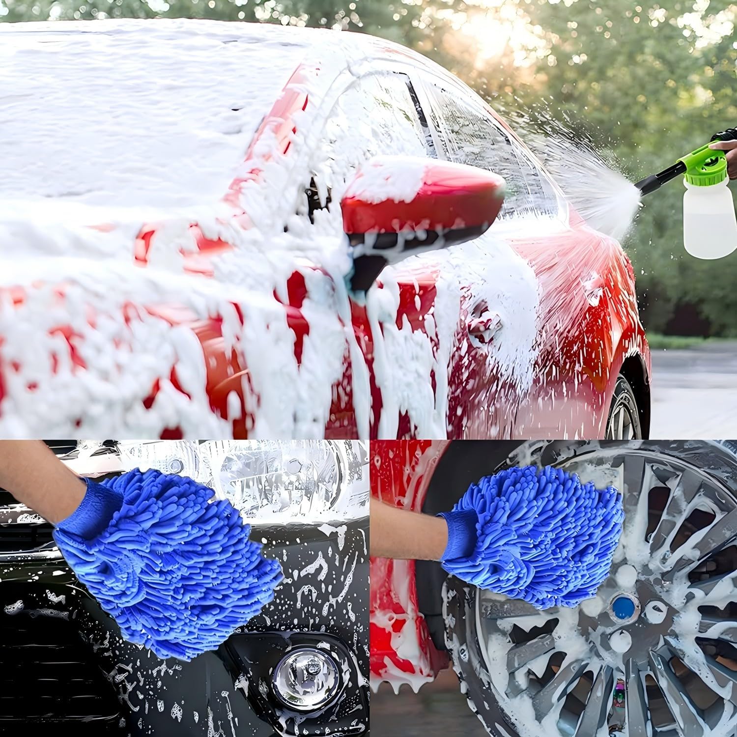 Car Wash Foam Gun, Snow Foam Gun Sprayer with 3/8" Brass Connector & 1L Bottle, Nozzles, Wash Mitt, Car Accessories for Men - Snow Foam Cannon Cleaner - Wash Kit for Washing Home Garden Watering Green