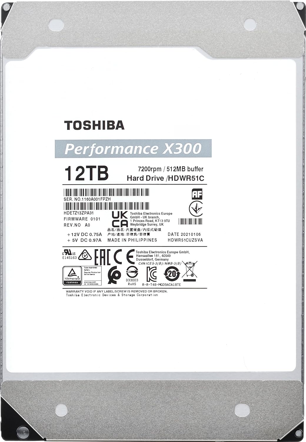 Toshiba X300 12TB Performance & Gaming 3.5-Inch SATA Internal Hard Drive – 7200 RPM, 512MB Cache