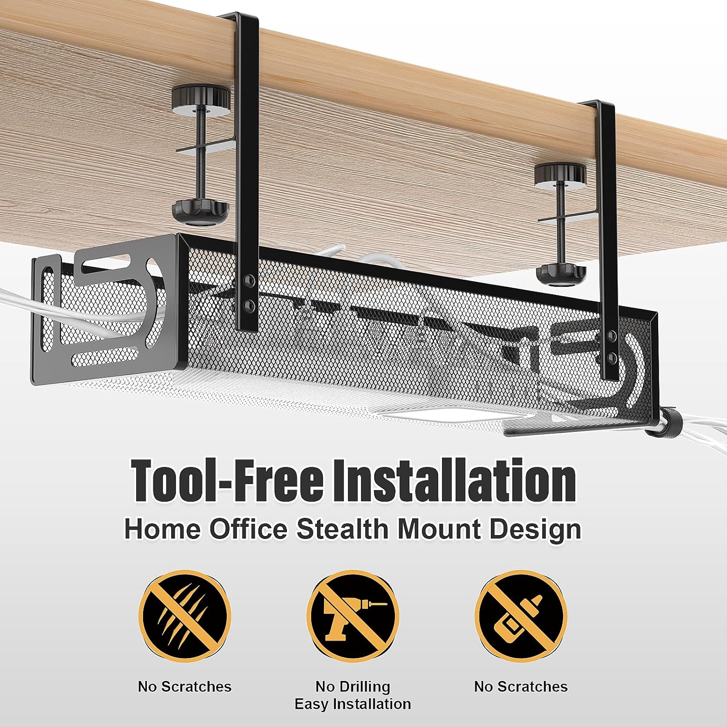 Under Desk Cable Management Tray — No Drill (Black)