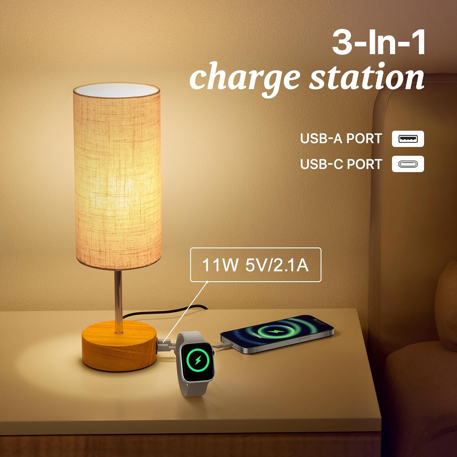 Bedside Lamp Touch Control Table Lamp with USB A+C Charging Ports 3-Way Dimmable Nightstand Lamp with Linen Fabric Shade for Bedroom Living (Woodgrain Metal Base/Linen Shade)