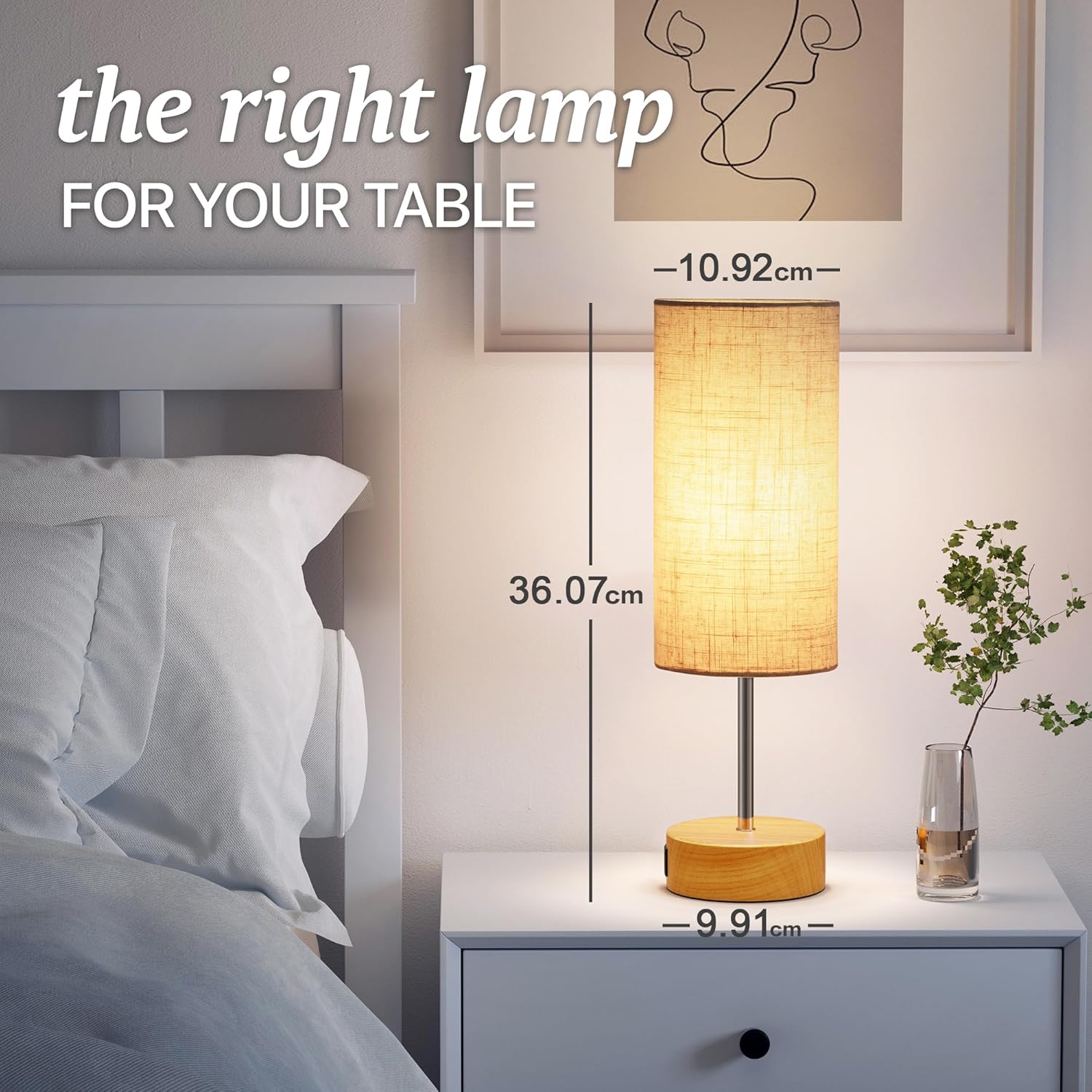 Bedside Lamp Touch Control Table Lamp with USB A+C Charging Ports 3-Way Dimmable Nightstand Lamp with Linen Fabric Shade for Bedroom Living (Woodgrain Metal Base/Linen Shade)