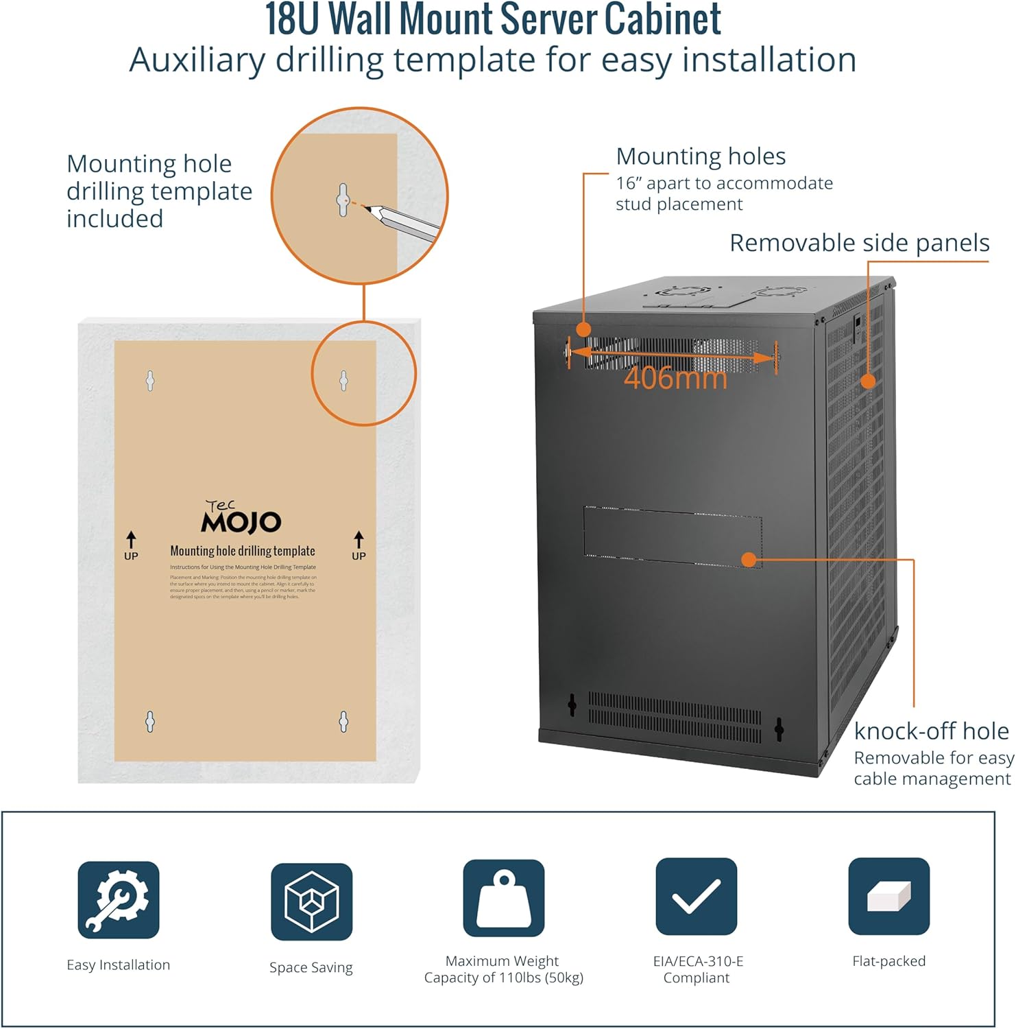 Tecmojo 18U Wall Mount Network Cabinet – 450mm Deep, Lockable Mesh Door, 50kg Load - Black
