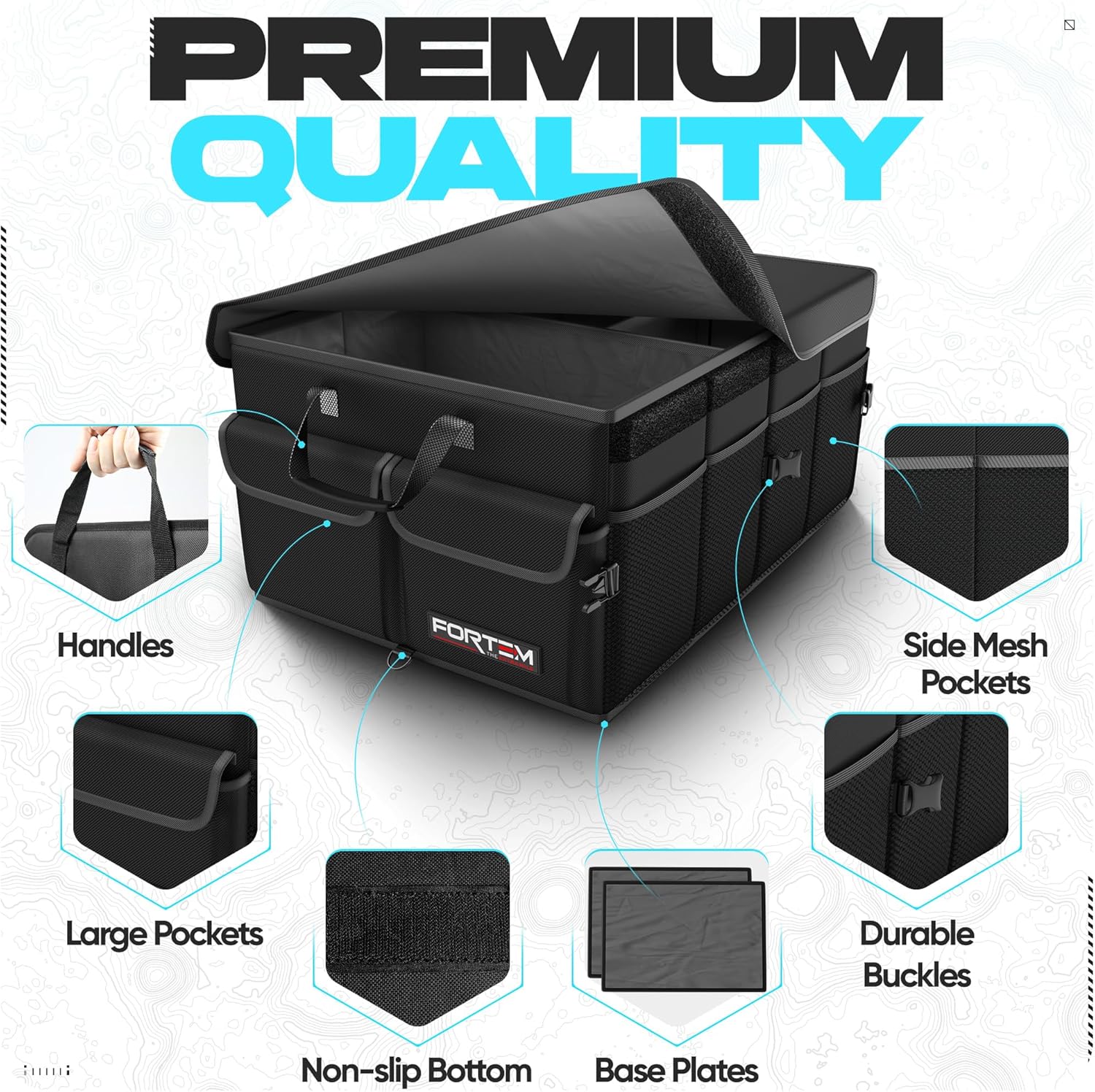 FORTEM Car Boot Organiser, Car Storage Organiser, Car Accessories, Collapsible Multi Compartment Car Organiser, Car Boot Tidy, Non Slip Bottom, Adjustable Securing Straps 50L (Black, Standard)