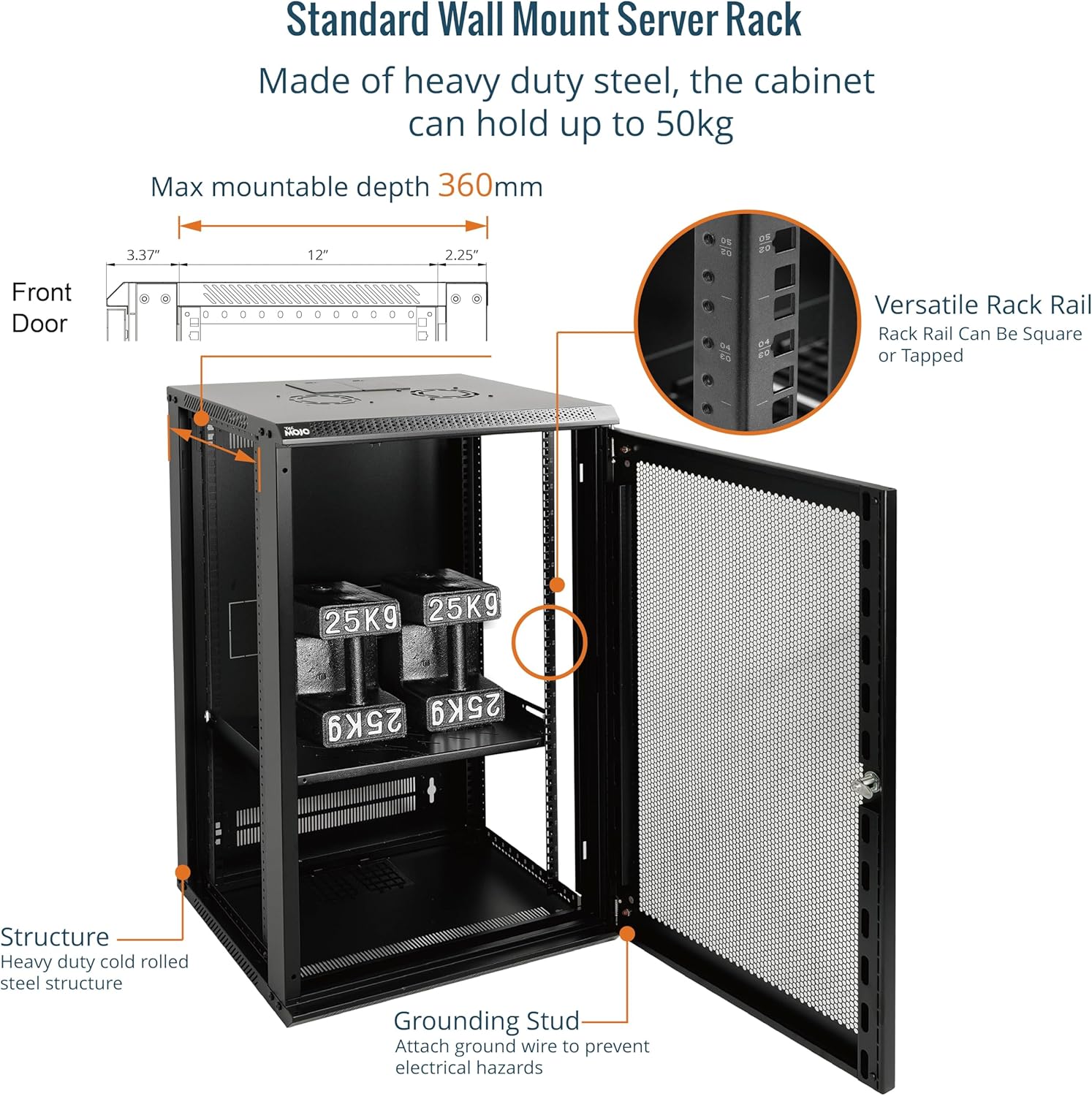 Tecmojo 18U Wall Mount Network Cabinet – 450mm Deep, Lockable Mesh Door, 50kg Load - Black