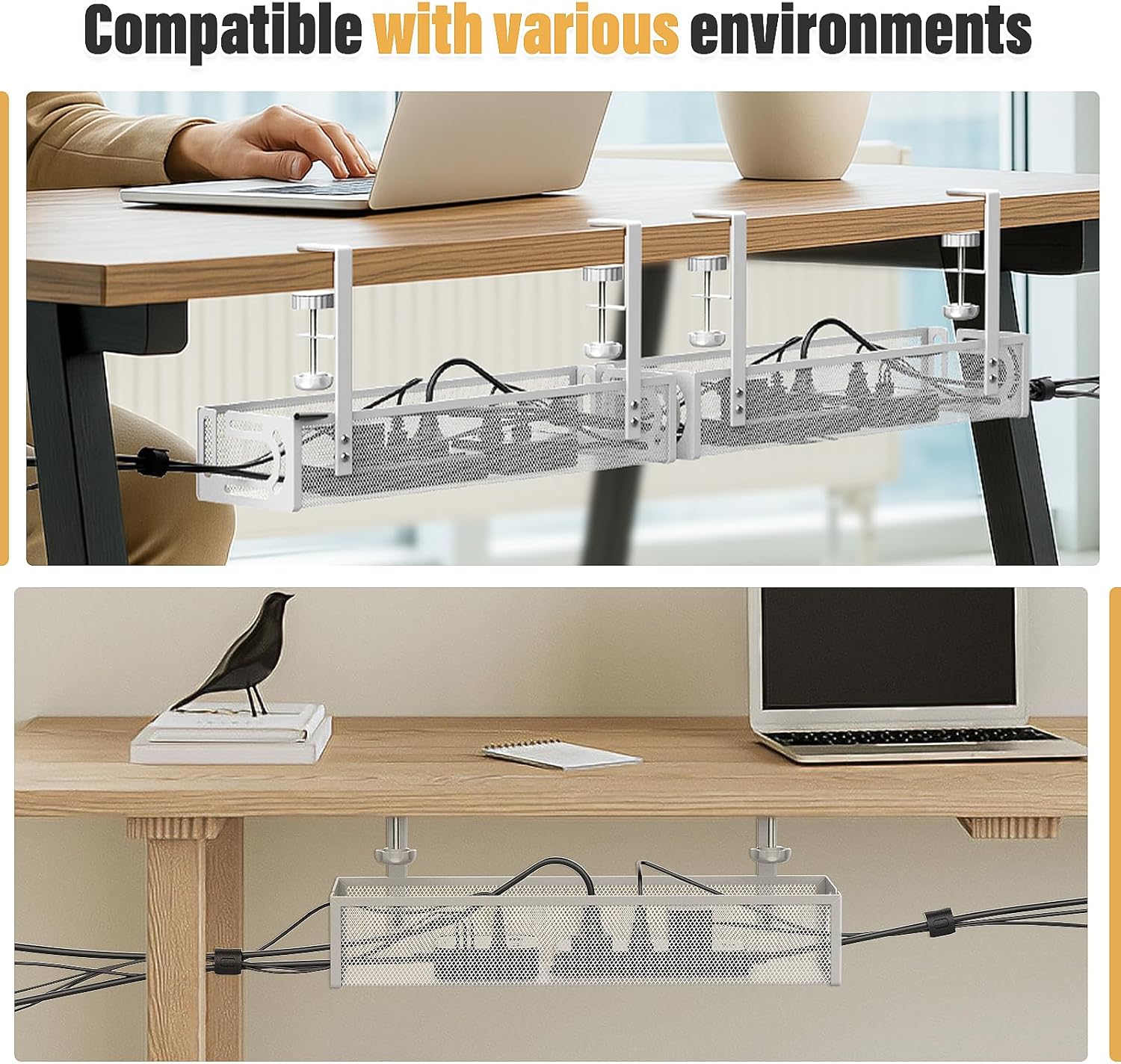 Under Desk Cable Management Tray — No Drill (White)