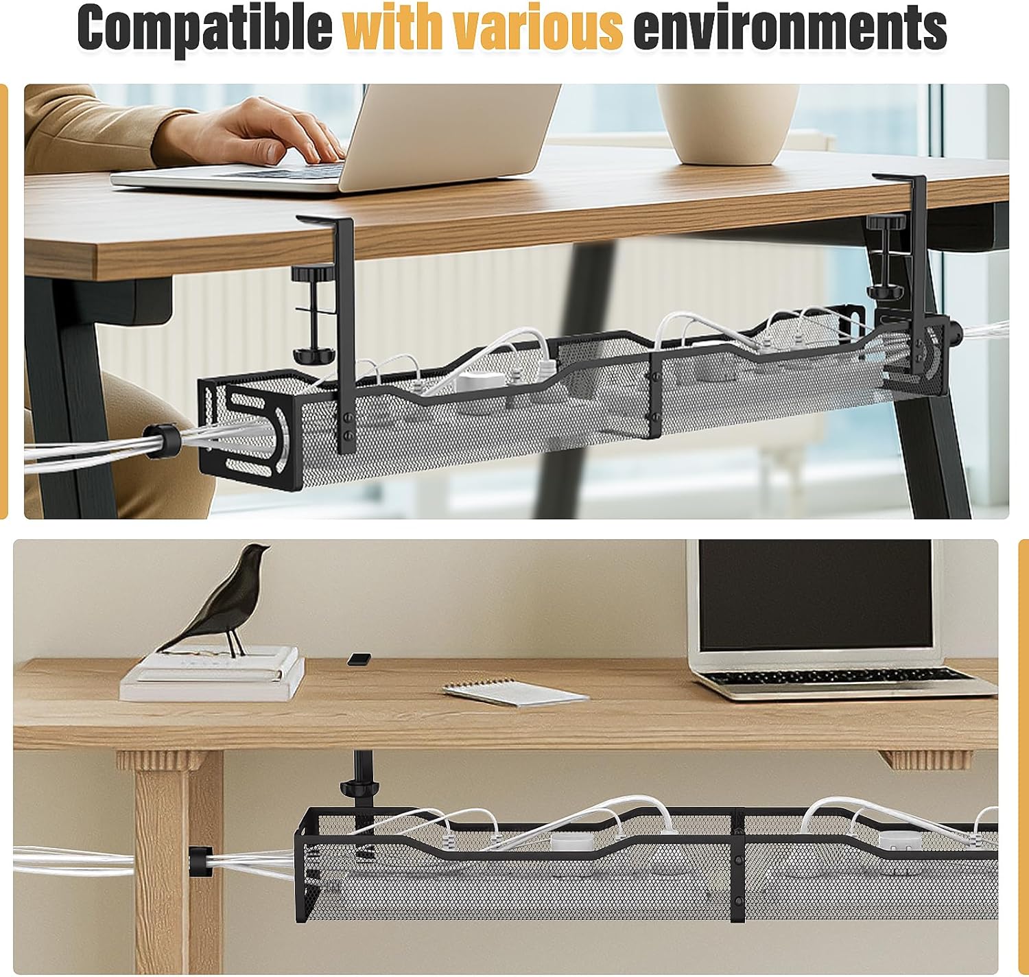 Extended Length Under Desk Cable Management Tray — No Drill