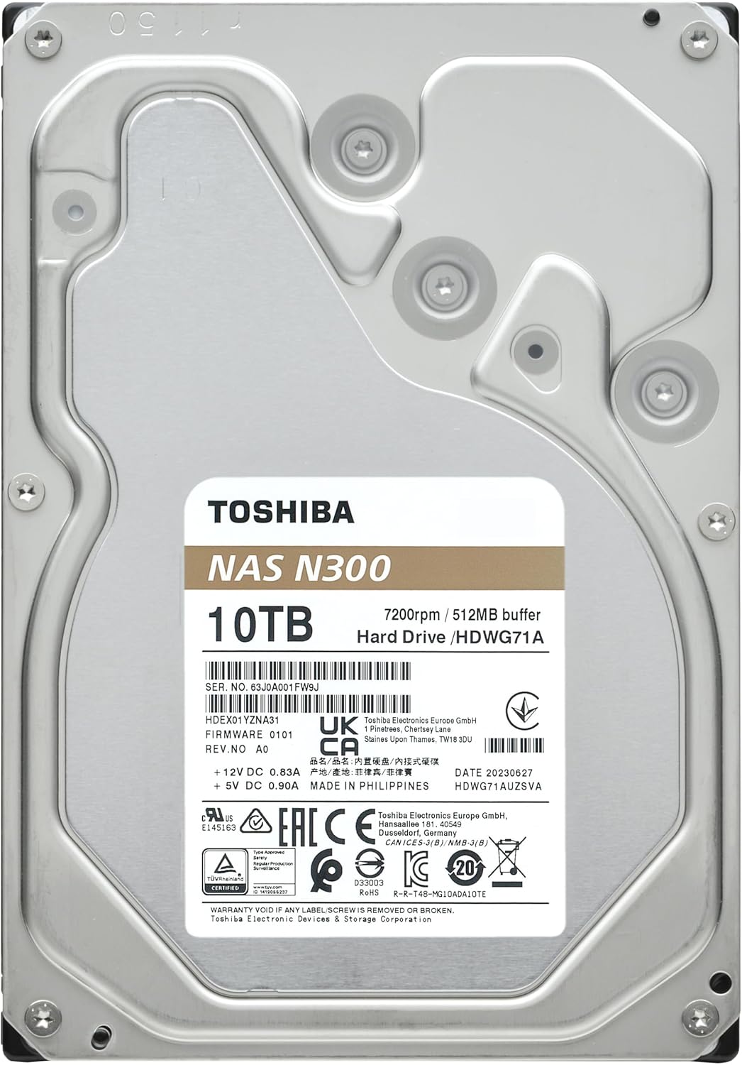 Toshiba N300 10TB NAS 3.5-Inch Internal Hard Drive – CMR SATA 6Gb/s, 7200 RPM, 512MB Cache (HDWG71AXZSTA)