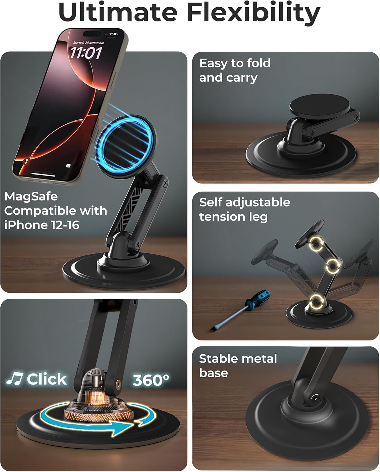 COOPER Mag360 Magnetic Phone Stand — Stealth Black (with 2 Metal Rings)