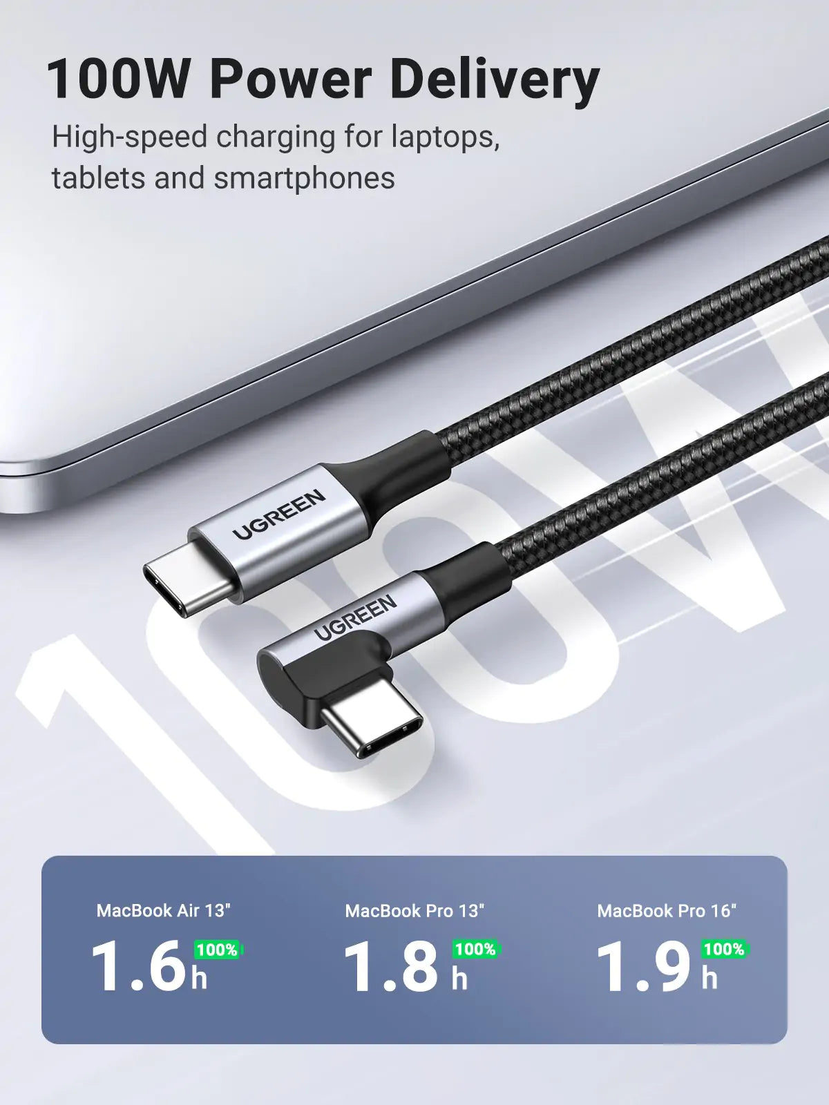 UGREEN USB-C 2.0 to Angled USB-C M/M Cable Aluminium Shell with Braided 1m (Black)