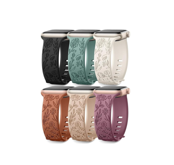 6 Pack Floral Engraved Bands Compatible with Apple Watch Band 40mm 38mm 41mm 42mm 44mm 45mm 49mm Women, Silicone Soft Cute Flower Pattern Strap for iWatch Series Ultra Ultra 2 SE 9 8 7 6 5 4 3 2 1