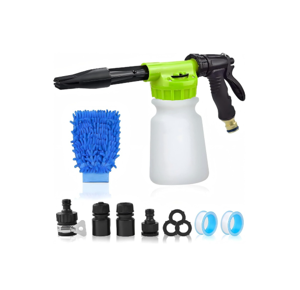 Car Wash Foam Gun, Snow Foam Gun Sprayer with 3/8" Brass Connector & 1L Bottle, Nozzles, Wash Mitt, Car Accessories for Men - Snow Foam Cannon Cleaner - Wash Kit for Washing Home Garden Watering Green
