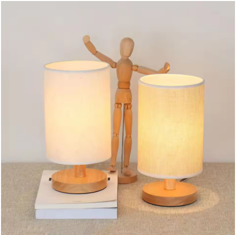 USB Bedside Lamp Night Lights Table Lamp For Bedroom Wooden Desk Lamp Bedside Night Light with Cylinder Lamp Shade Home Decor