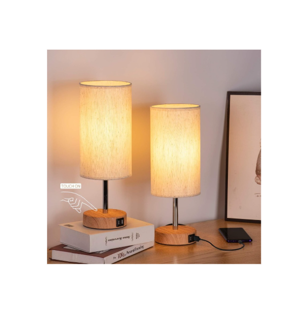 Bedside Lamps with USB Port - Touch Control Table Lamp for Bedroom Wood 3 Way Dimmable Nightstand Lamp Set of 2 with Round Flaxen Fabric Shade for Living Room, Dorm, Home Office (2 Pack)