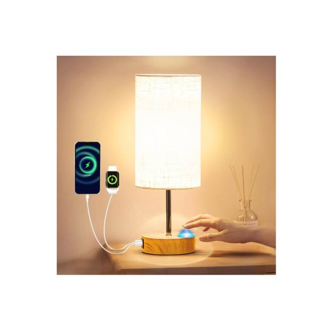 Bedside Lamp Touch Control Table Lamp with USB A+C Charging Ports 3-Way Dimmable Nightstand Lamp with Linen Fabric Shade for Bedroom Living (Woodgrain Metal Base/Linen Shade)