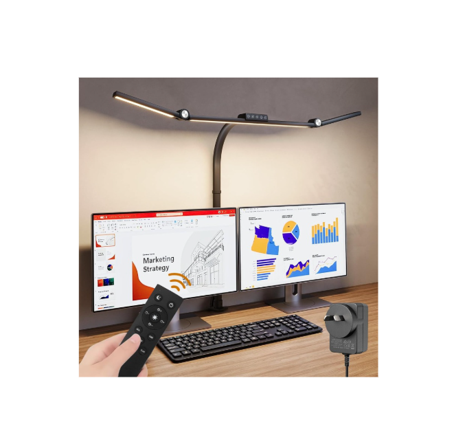 Anyuainiya LED Desk Lamp with Clamp, Architect Desk Lamp for Home Office with Atmosphere Lighting, 24W Ultra Bright Human Body Sensor Dimmable Computer Table Light Rotatable Office Lamp with Base