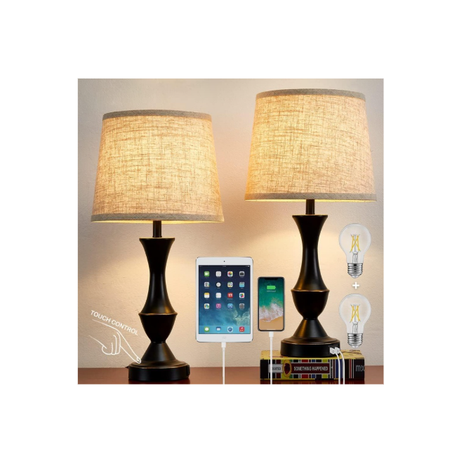 Kinsdan Table Lamps for Bedrooms, 2Pack Bedside Touch Lamp with Dual USB Charging Ports, Vintage 3 Way Dimmable Nightstand Lamps with Fabric Lampshade for Bedroom, Living Room (Bulb Included)