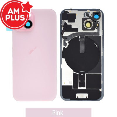AMPLUS Rear Cover Glass with Camera Lens Glass & Wireless NFC Charging Flex for iPhone 15 (Black)