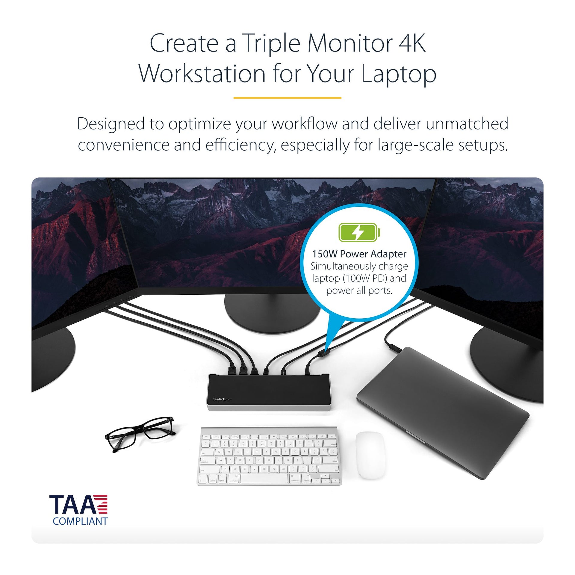 StarTech USB-C Docking Station – Triple 4K Monitor Dock with DisplayPort, HDMI & 100W Power Delivery