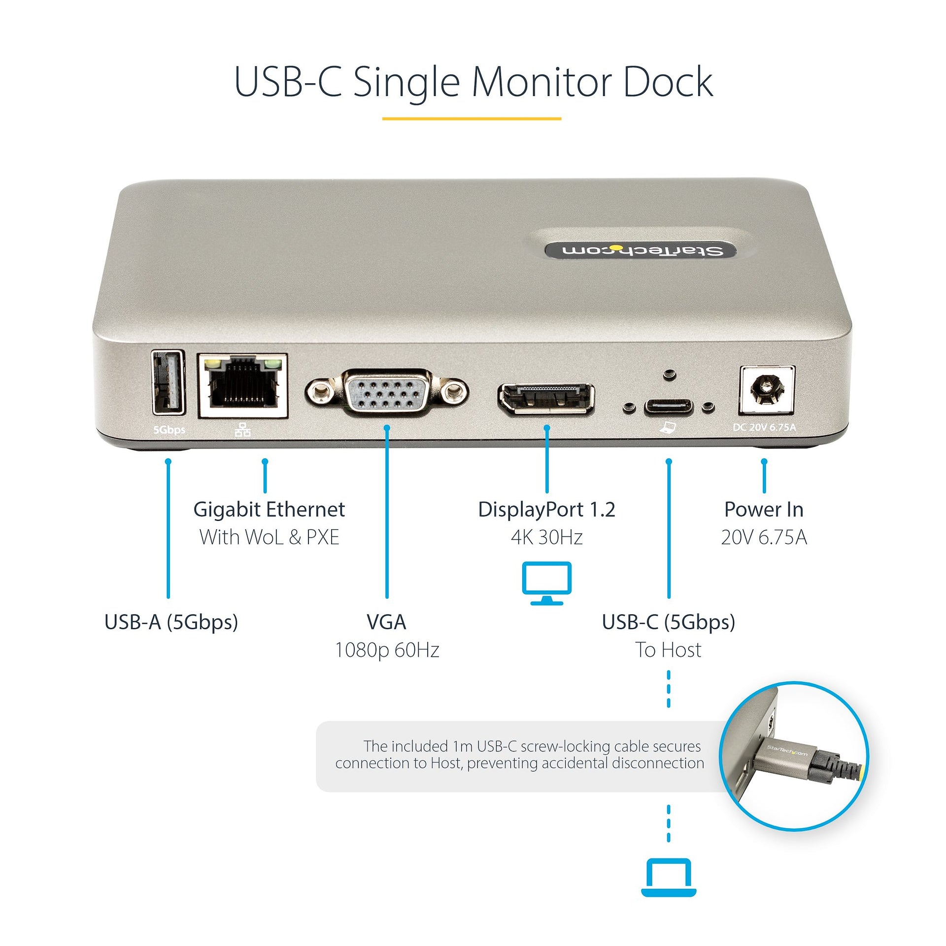 StarTech USB-C Single Display Docking Station – DisplayPort or VGA, 65W Power Delivery