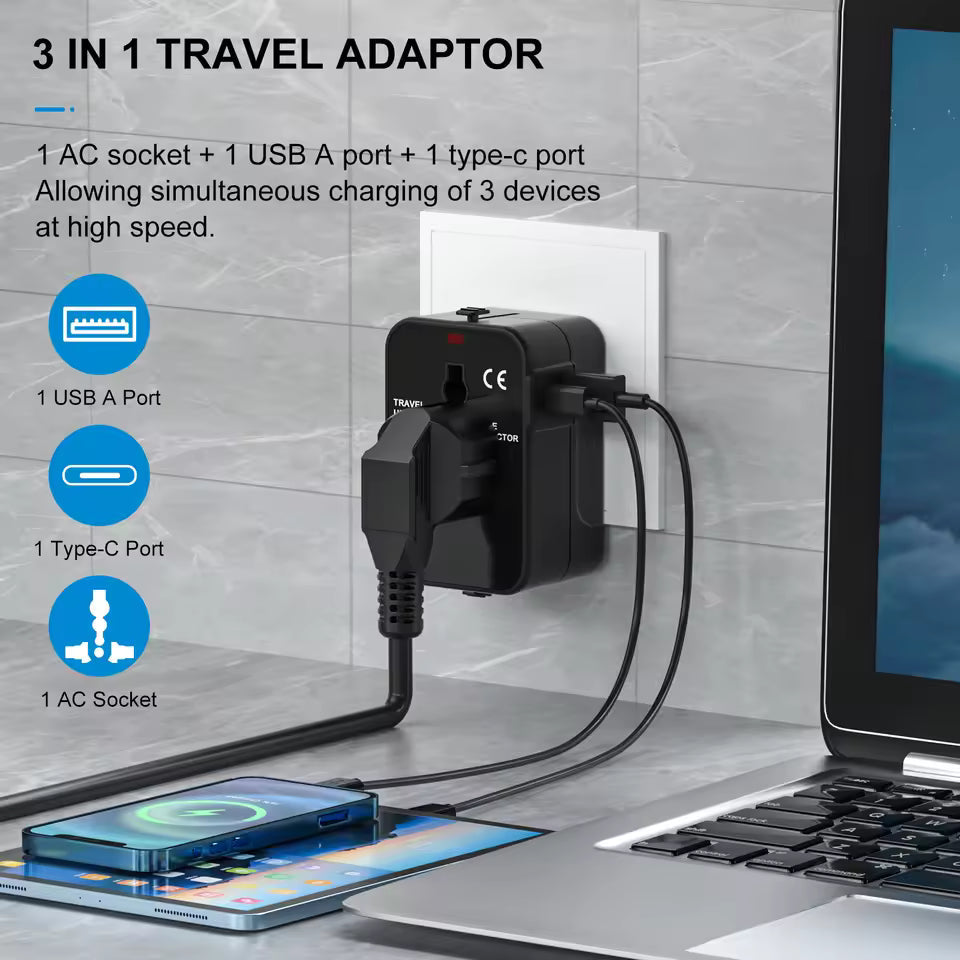 Universal Travel Adapter with USB-C & USB-A Aussiez Goods Hub