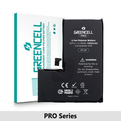 Greencell PRO Series iPhone 14 Pro Replacement Battery with Adhesive Strips – 3200mAh (TI 27546-A3 IC & Original Cell)