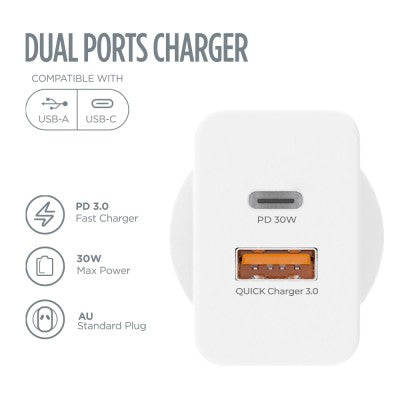 iQuick GaN II 30W PD3.0+QC3.0 Dual Ports Charging Adapter-White
