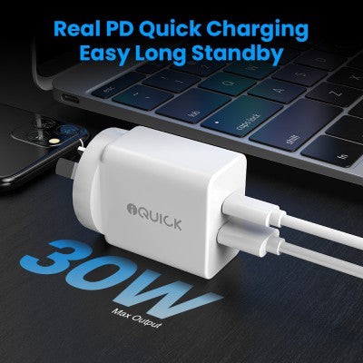 iQuick GaN II 30W PD3.0+QC3.0 Dual Ports Charging Adapter-White