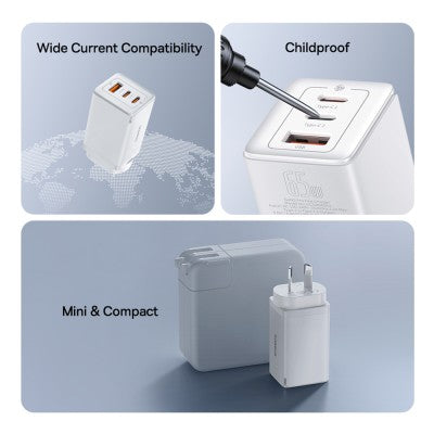 Baseus GaN5 Pro Fast Charger 2xUSB-C 1xUSB 65W-Moon White