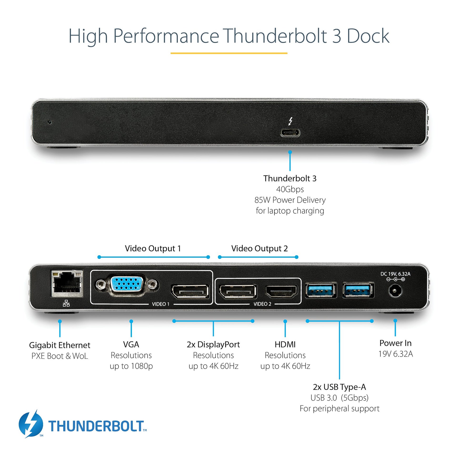 StarTech Thunderbolt 3 Dock – Dual 4K 60Hz Laptop Docking Station with HDMI, DisplayPort & VGA