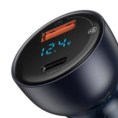 Baseus Particular Digital Display QC+PPS Dual Quick Charger Car Charger 65W (With Type-C to Type-C 100W Cable (20V/5A) 1m)-Dark Gray